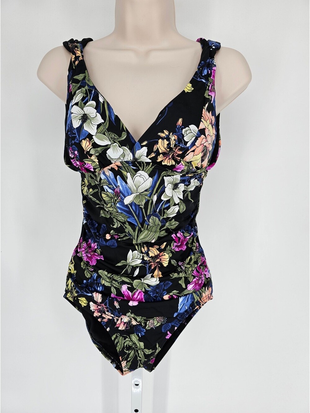 Time and Tru Womens Sz S One Piece Swimsuit Black Bright Tropical Floral